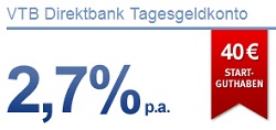 2,70% Zinsen und 40€ Bonus beim VTB Direktbank Tagesgeld